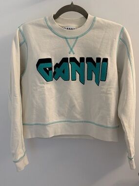 Ganni White Sweatshirt with Teal and Black Logo